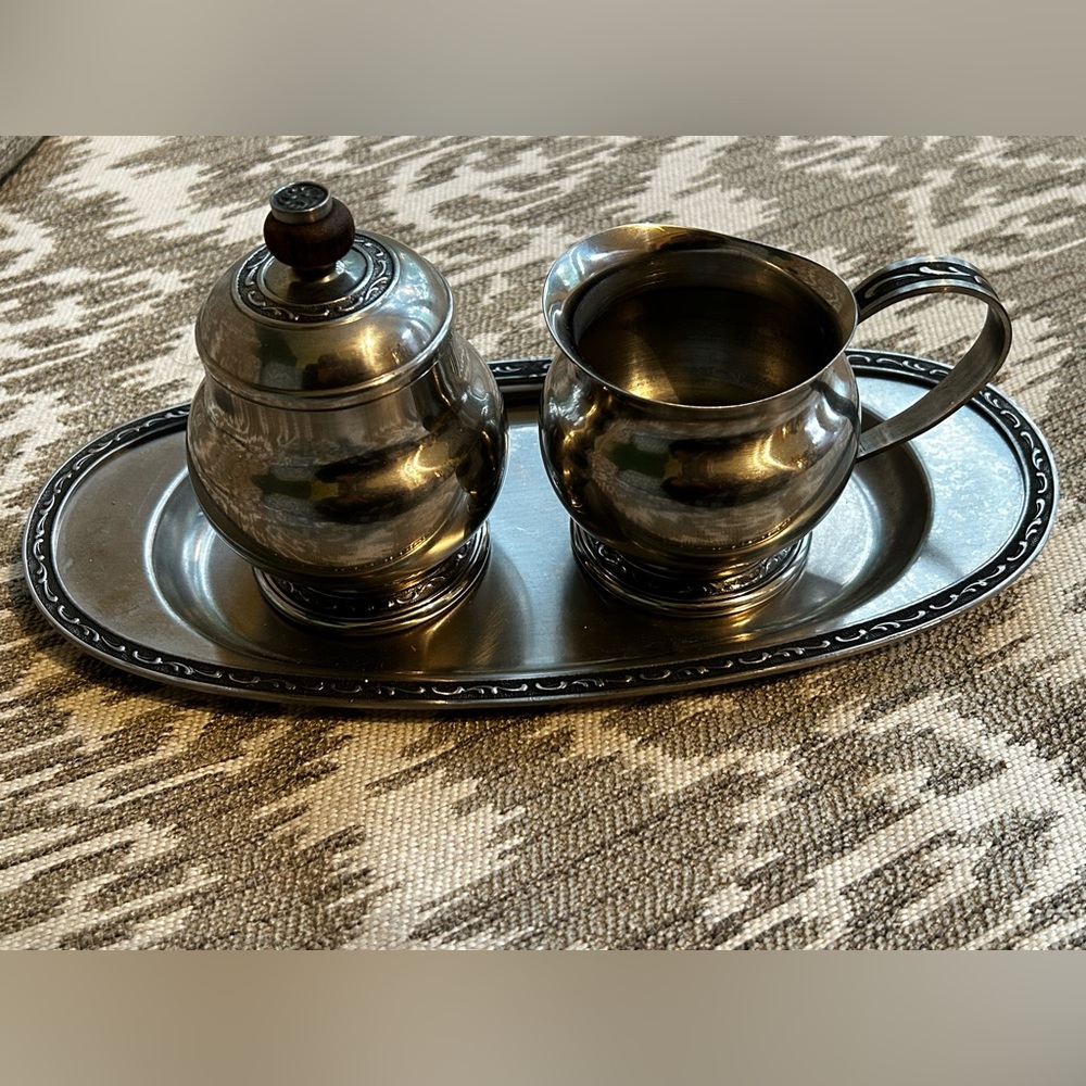 Vintage Mid Century Oneida 18/8 Stainless Steel Cream & Sugar with Tray Japan